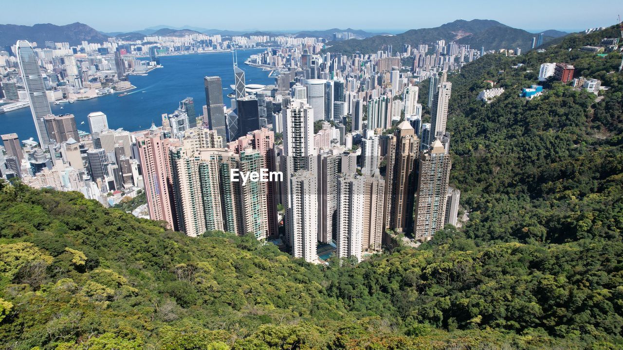 High angle view of buildings in city central hong kong