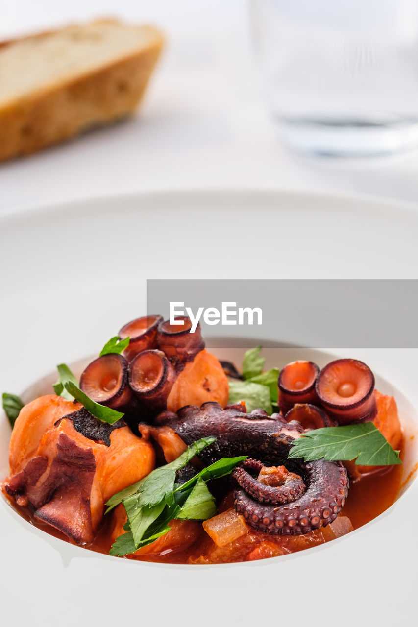 Stewed octopus squid with tomatoe sauce in a plate with bread and water glass