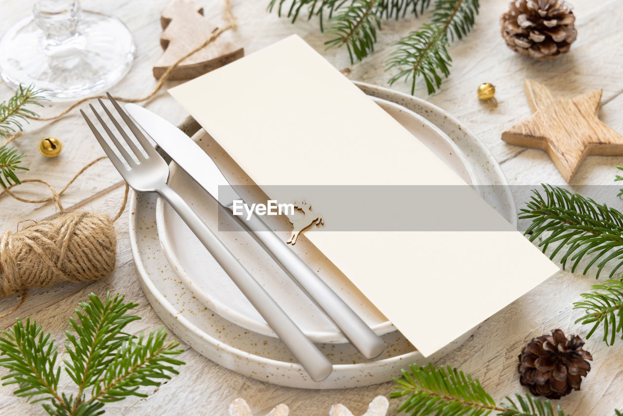 Festive table setting of plates, cutlery and fir tree branches with mockup of a menu card