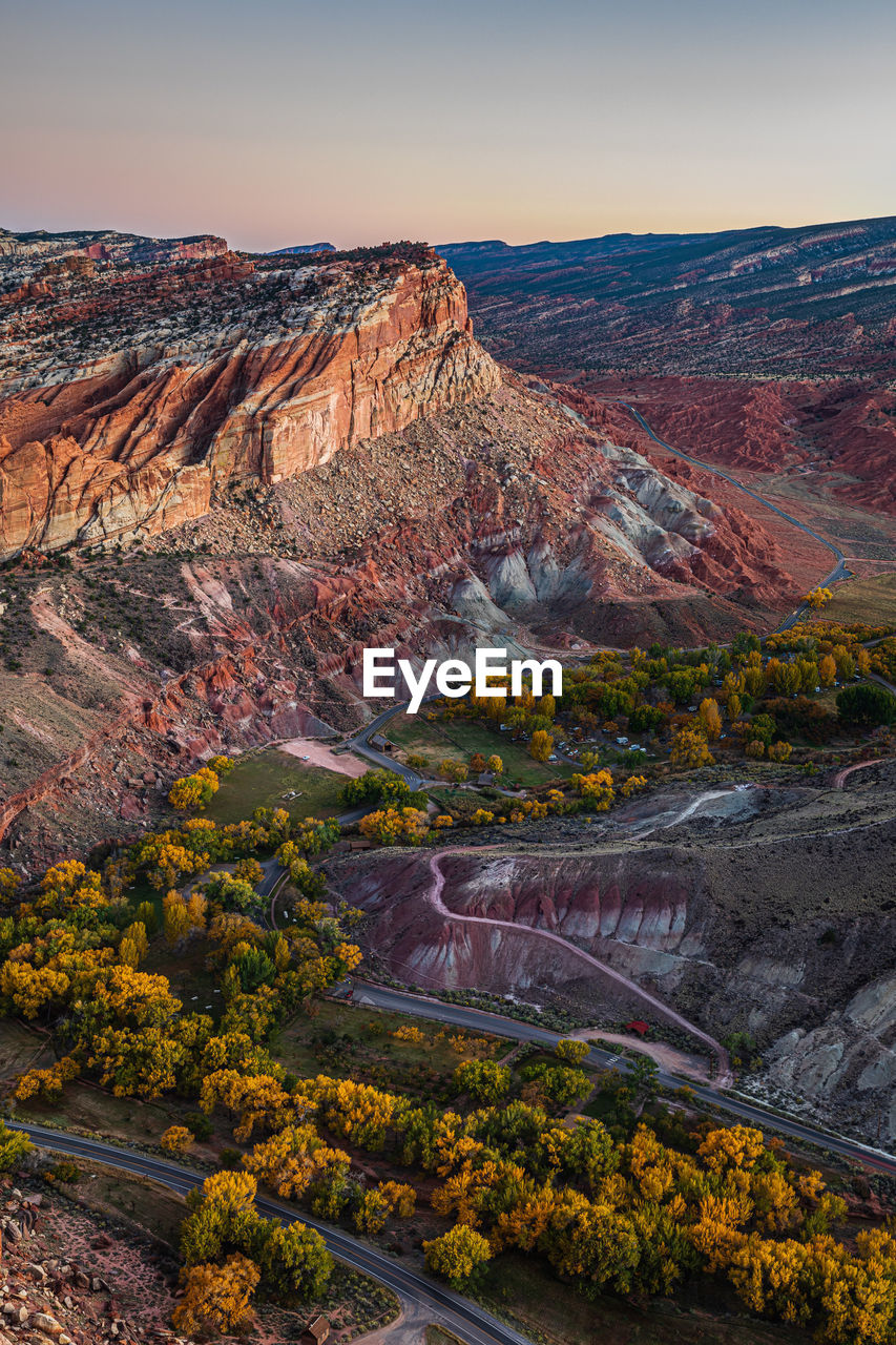 High angle view of land against sky