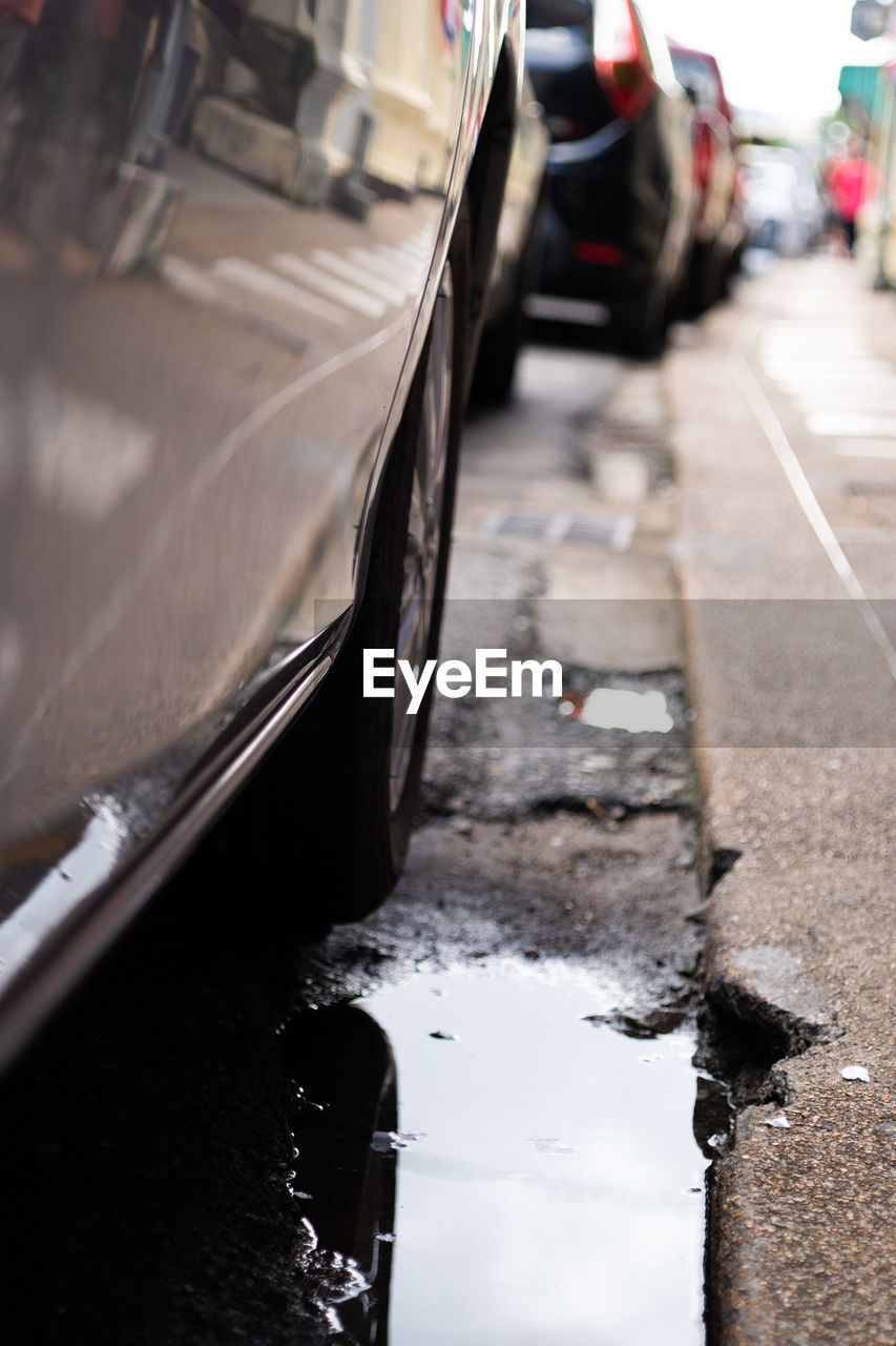 Reflection of car on road in puddle