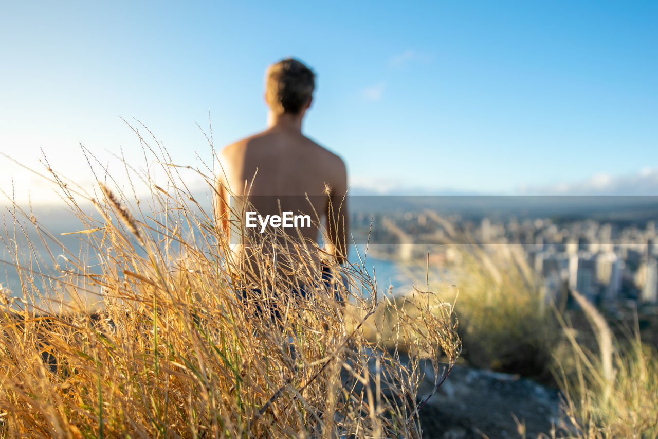 Close-up of grass against shirtless man looking at view from mountain