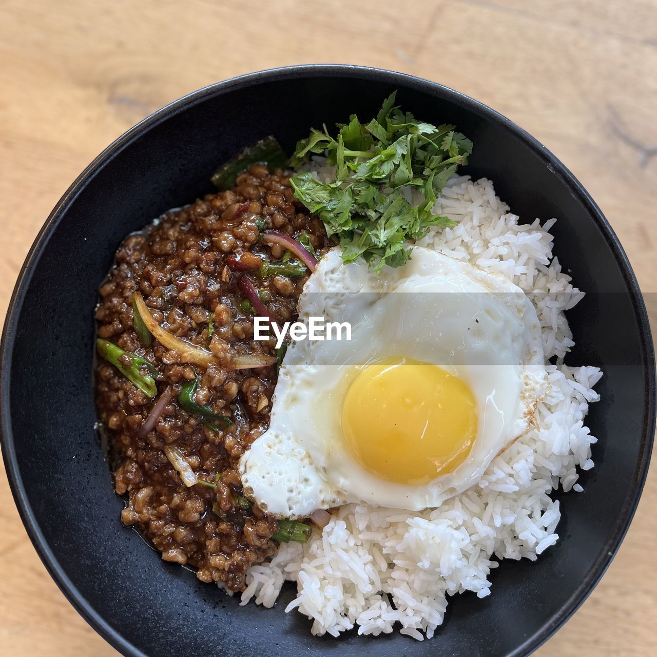 High angle view of food in bowl on table