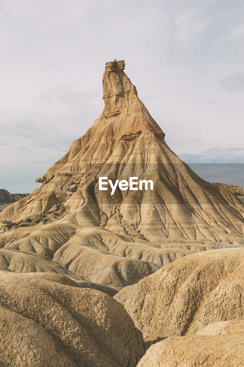 Imposing rocky mountain, landscape of bardenas reales, navarra. desert landscape of bardenas reales