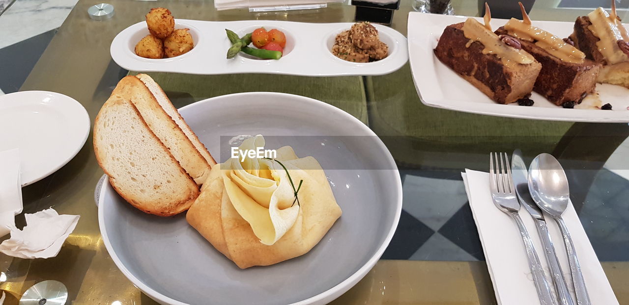 High angle view of food served on table at restaurant