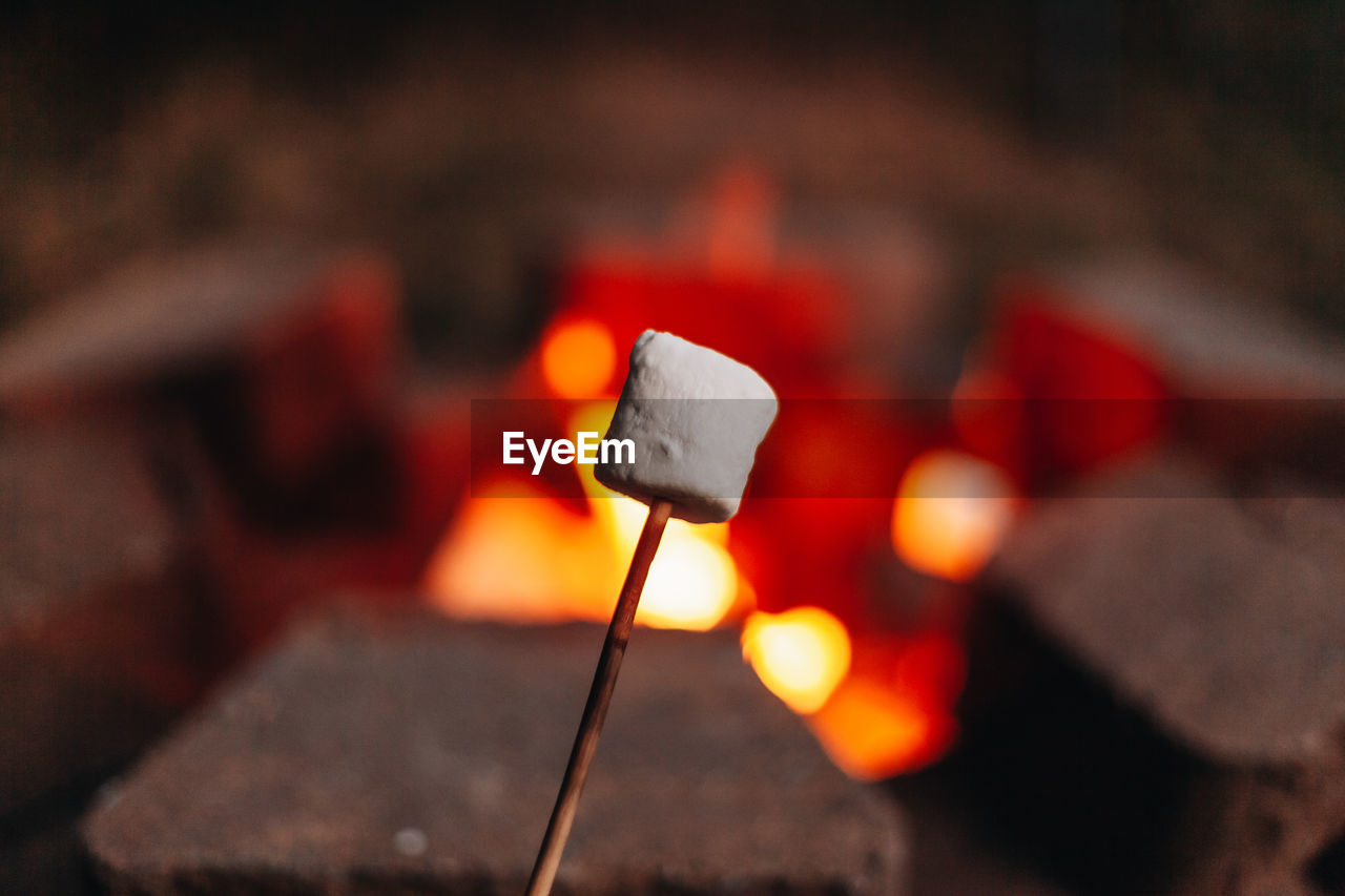 Close-up of wood on fire and stick with marshmallow 