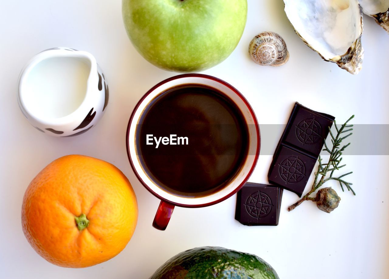 HIGH ANGLE VIEW OF FRUITS AND TEA ON TABLE