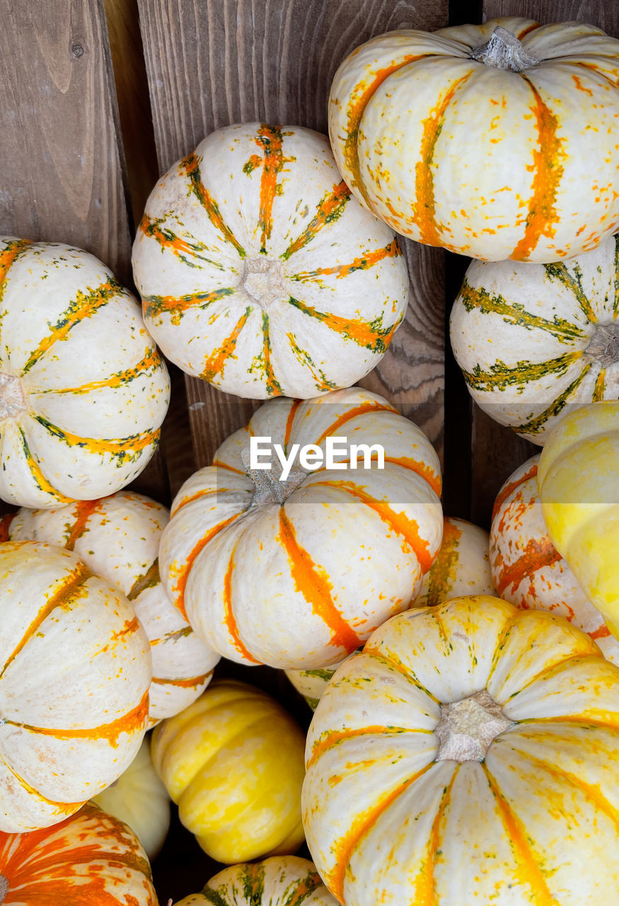 Variety of striped pumpkins in a wooden box