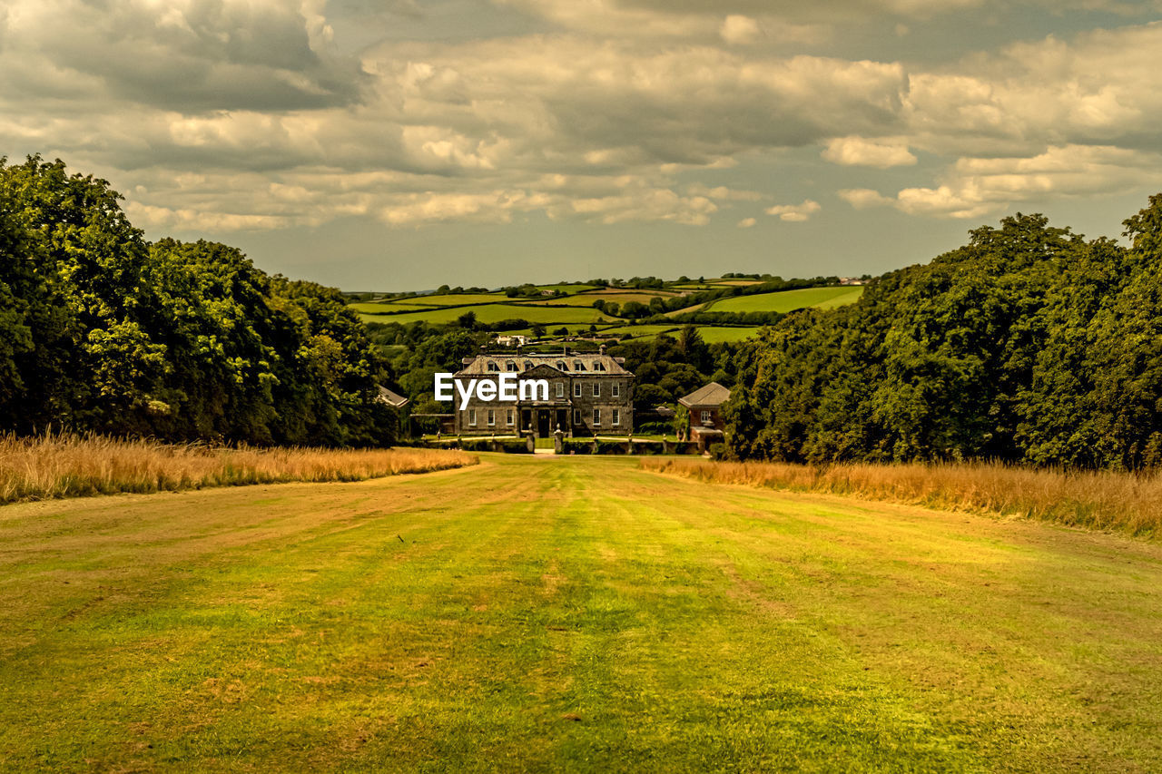 HOUSE ON GRASSY FIELD AGAINST SKY AND TREES AND HOUSES