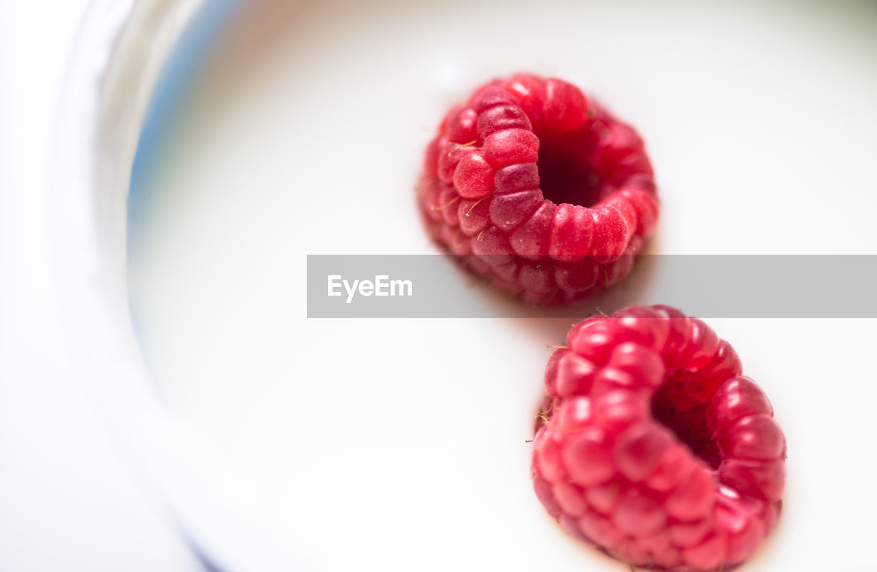 Close-up of fresh raspberries in yogurt