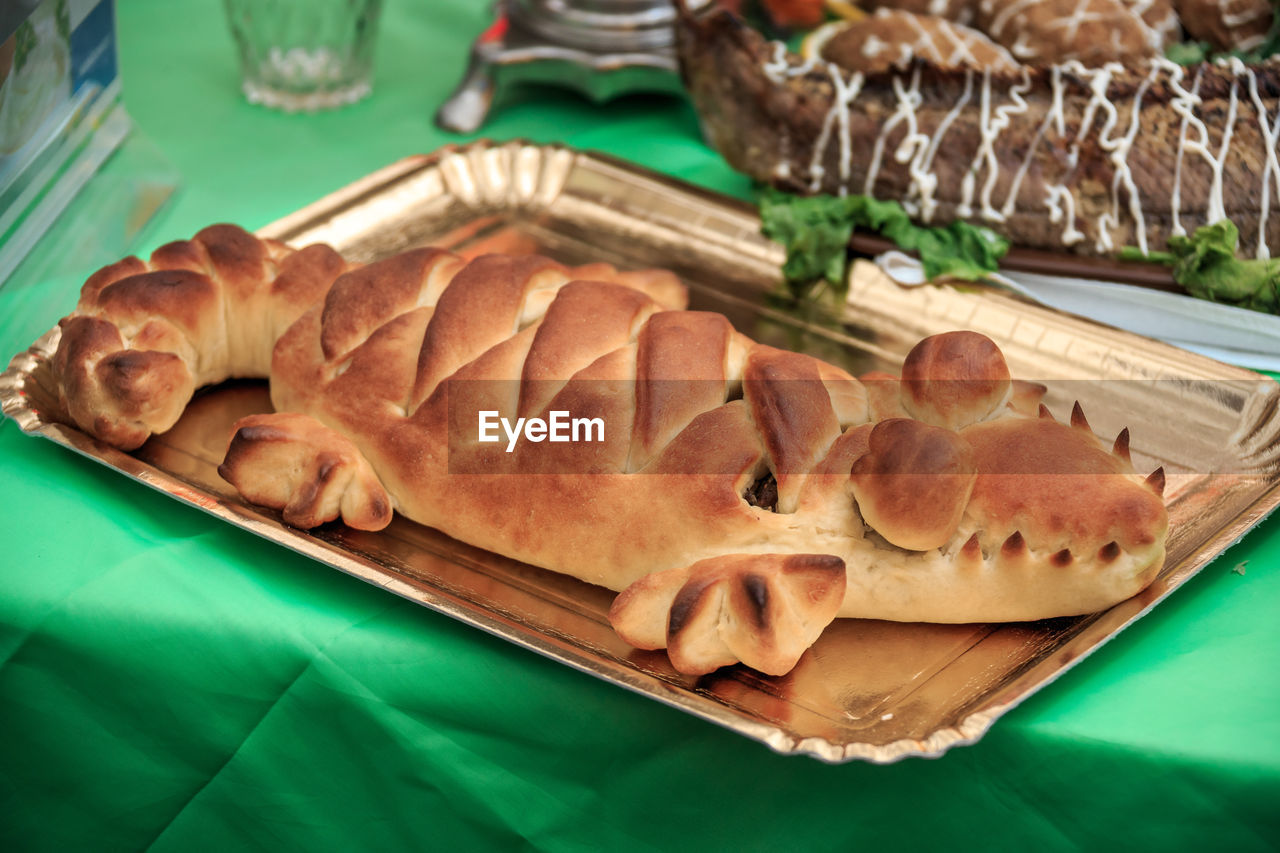 High angle view of bread in plate on table