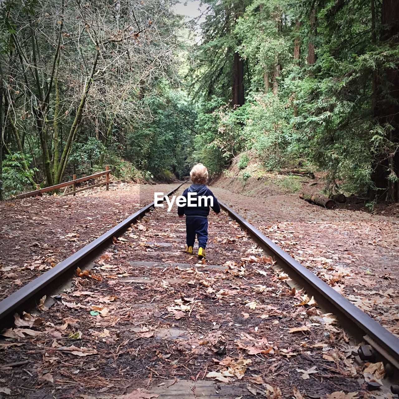 Rear view of child walking on railroad track