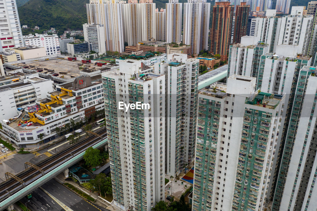 High angle view of street amidst buildings in city