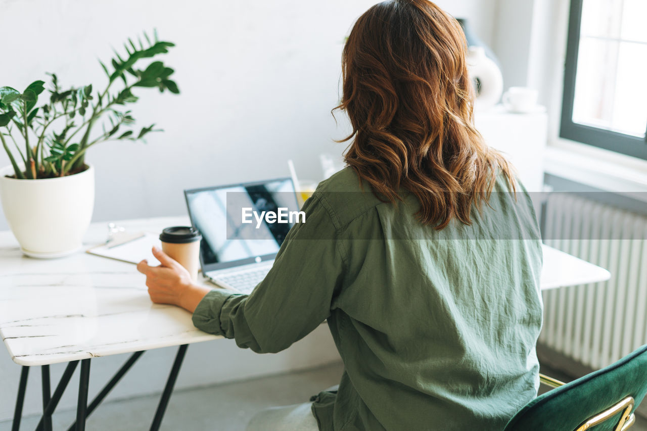 Young brunette woman plus size working at laptop on table in bright modern office, view from back