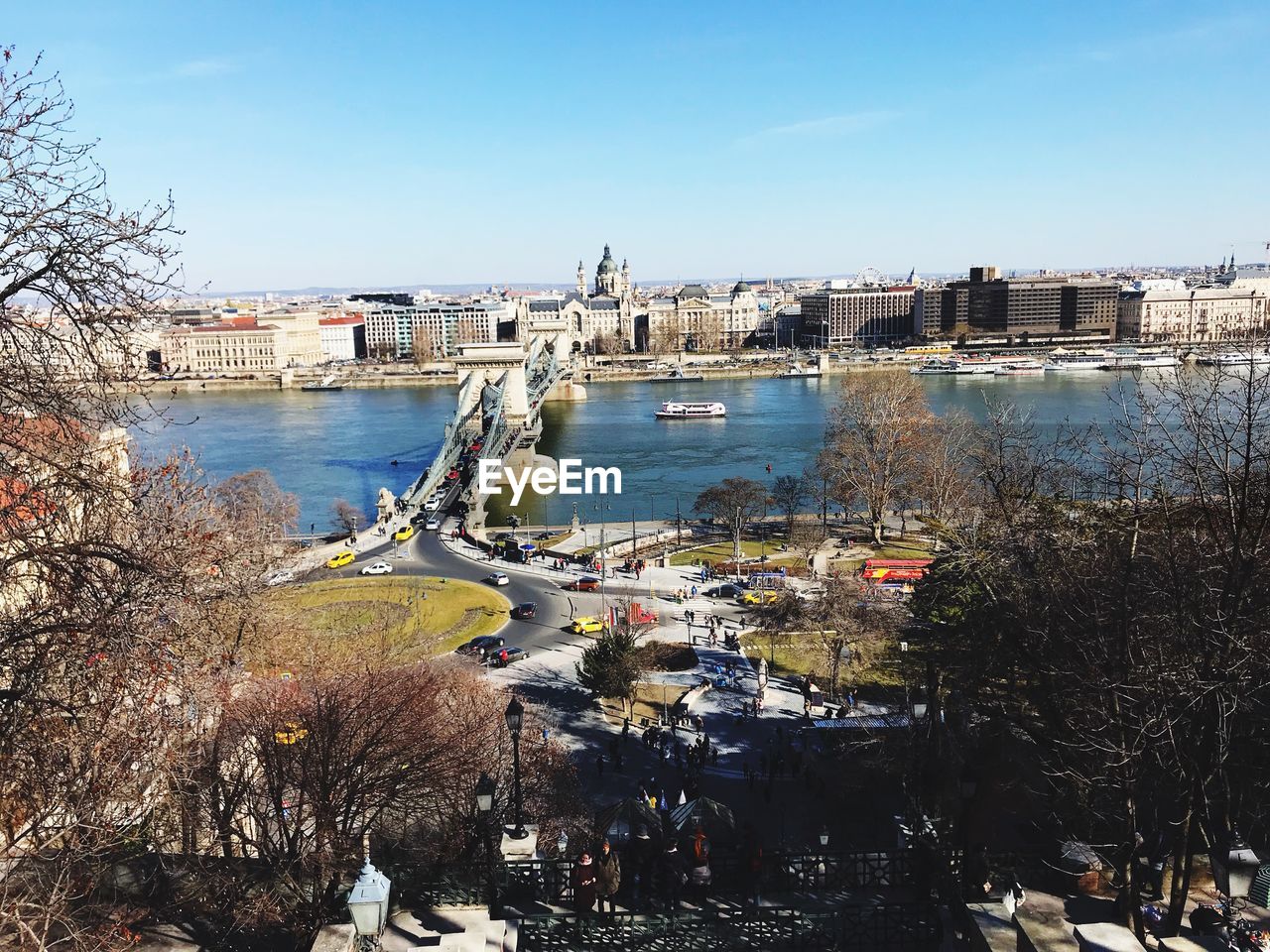 High angle view of river amidst buildings in city