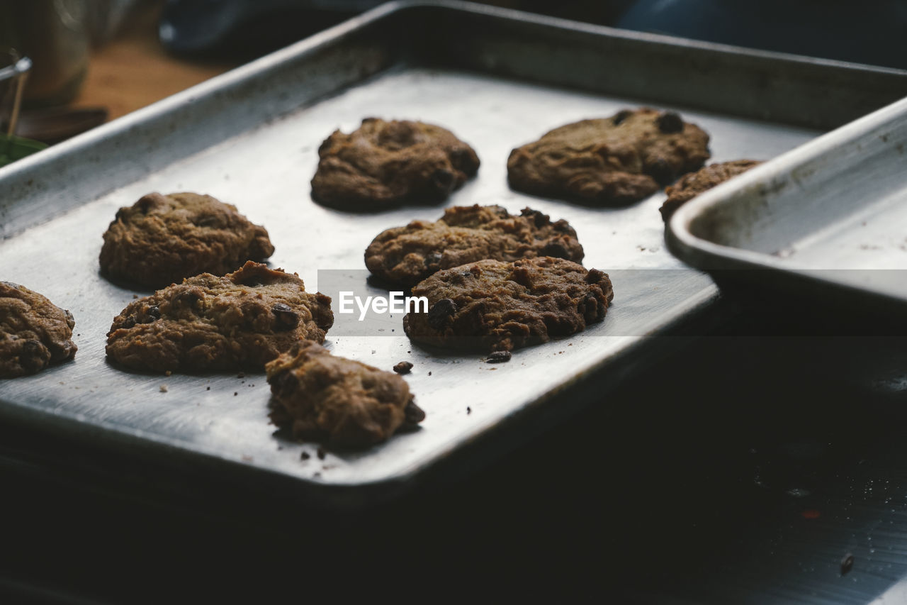  view of baked cookies on tin tray