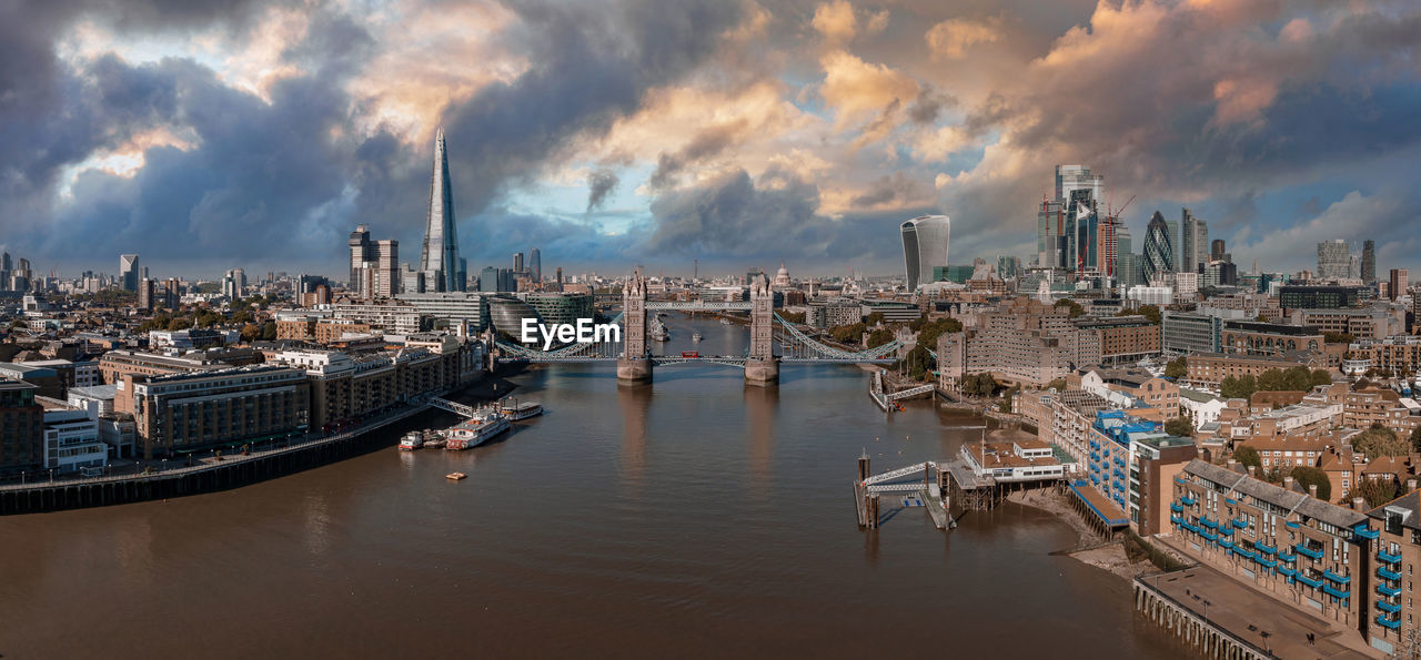 Aerial panoramic cityscape view of london and the river thames