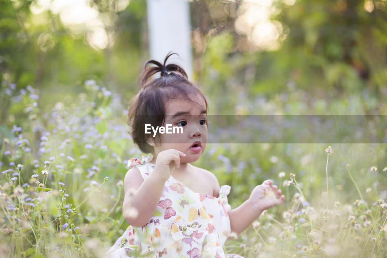 Portrait of cute girl with flowers against plants