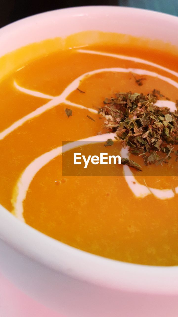 Close-up of pumpkin soup in bowl
