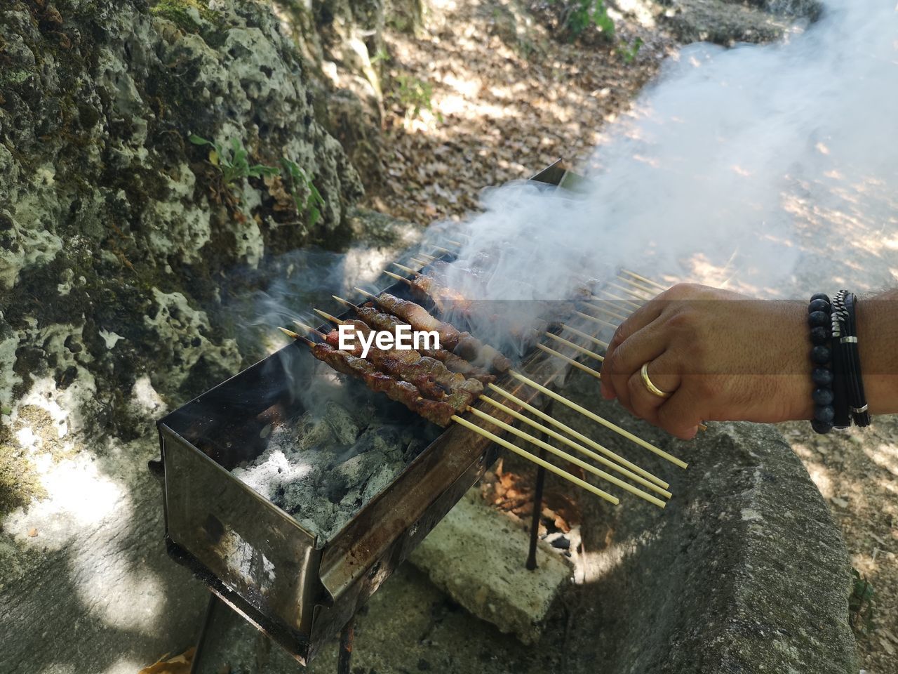 High angle view of food on barbecue grill