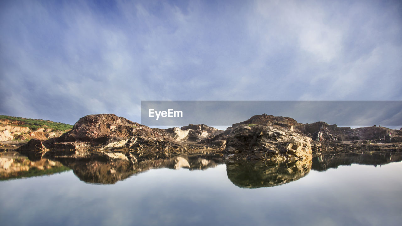 Reflection of rocks in lake against sky