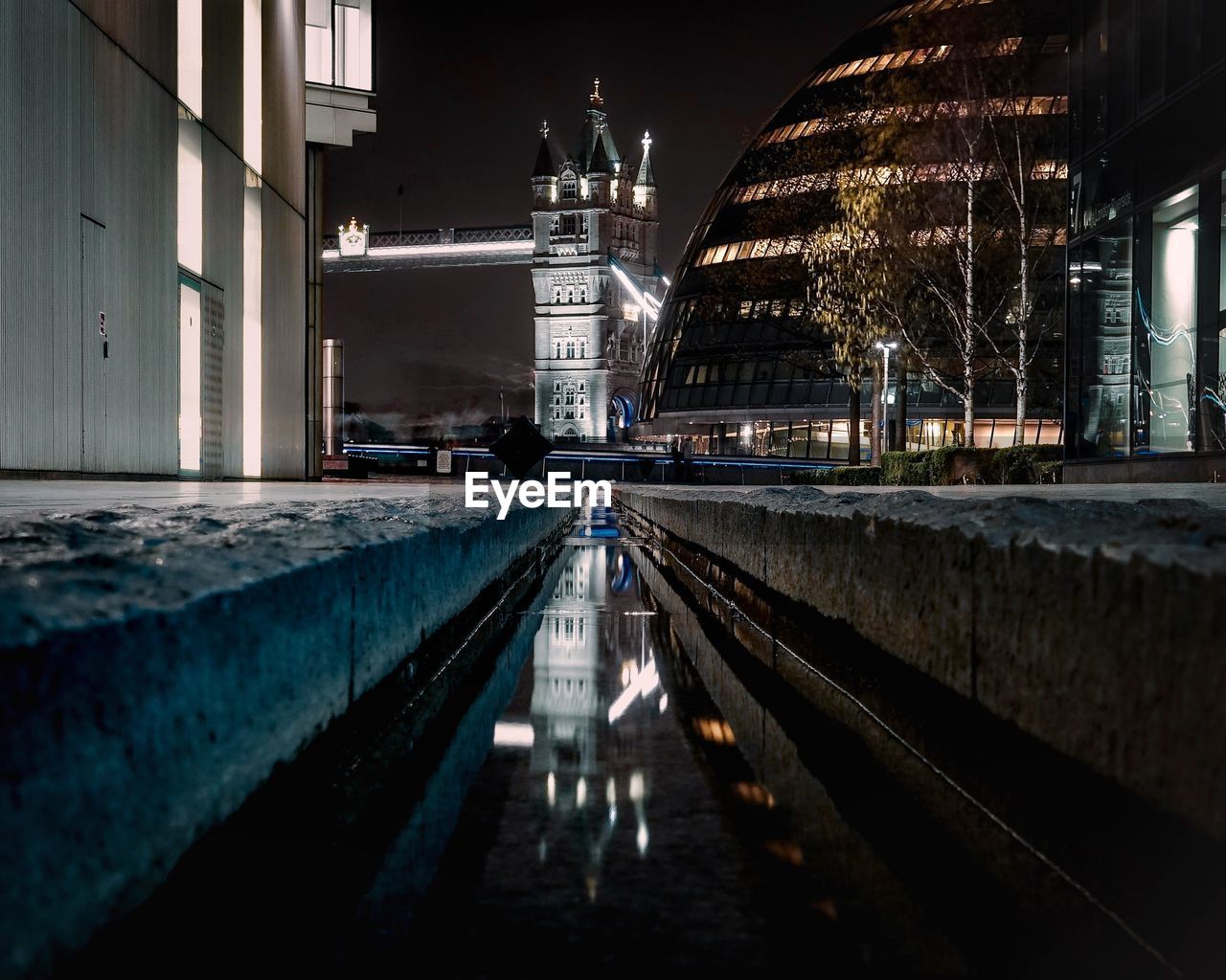 View of city buildings at night