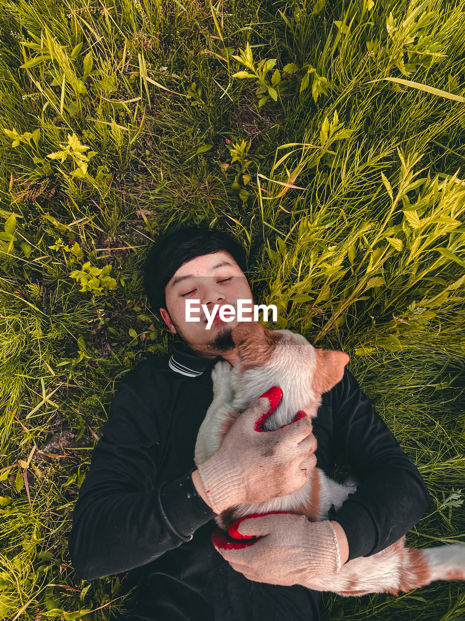 Young man with dog against plants