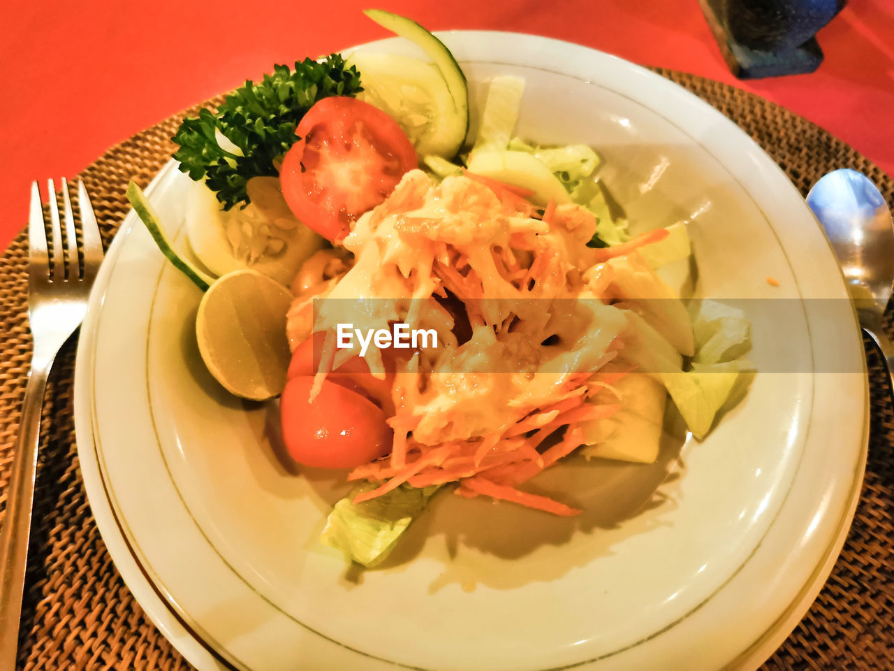 HIGH ANGLE VIEW OF MEAL SERVED ON TABLE