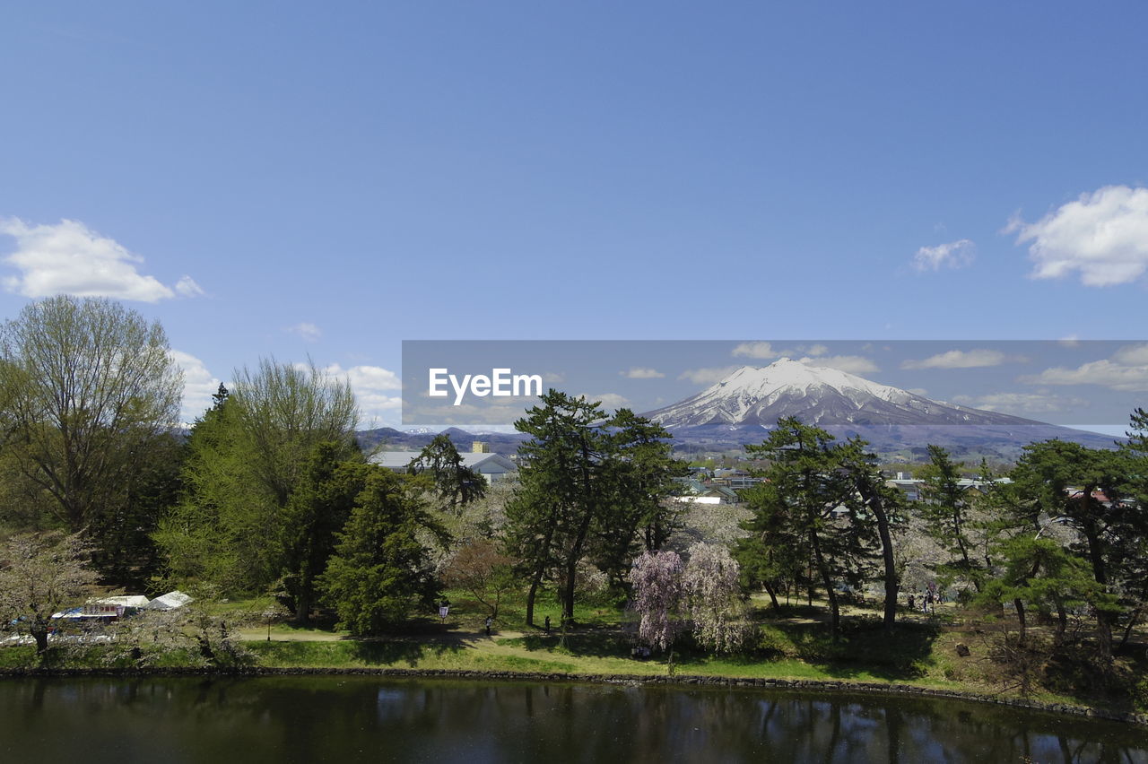 Scenic view of mountains and trees against sky