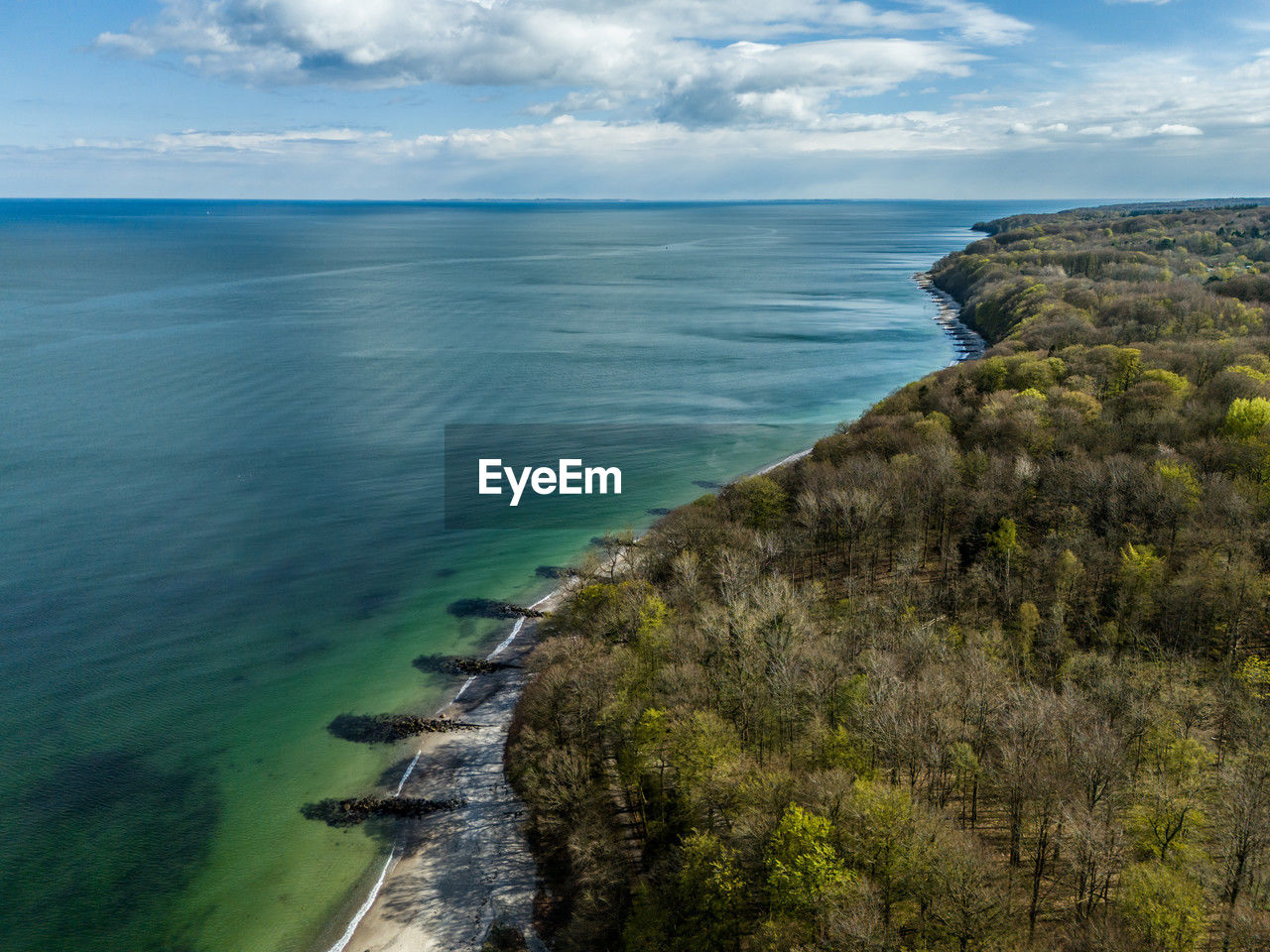 Aerial view at ballehage beach and marselisborg forest, aarhus, denmark