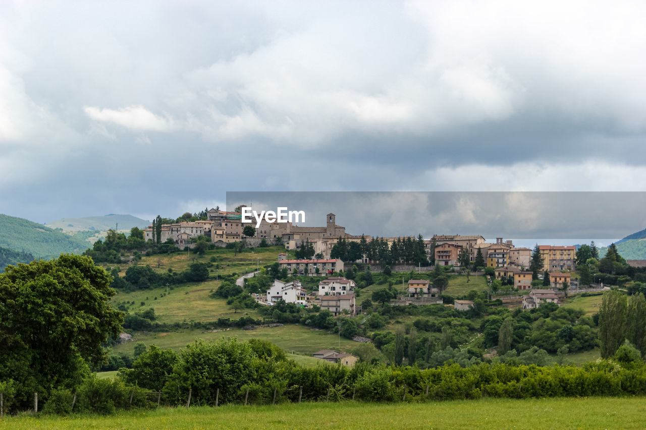 The skyline of the small medieval town monteleone di spoleto, umbria