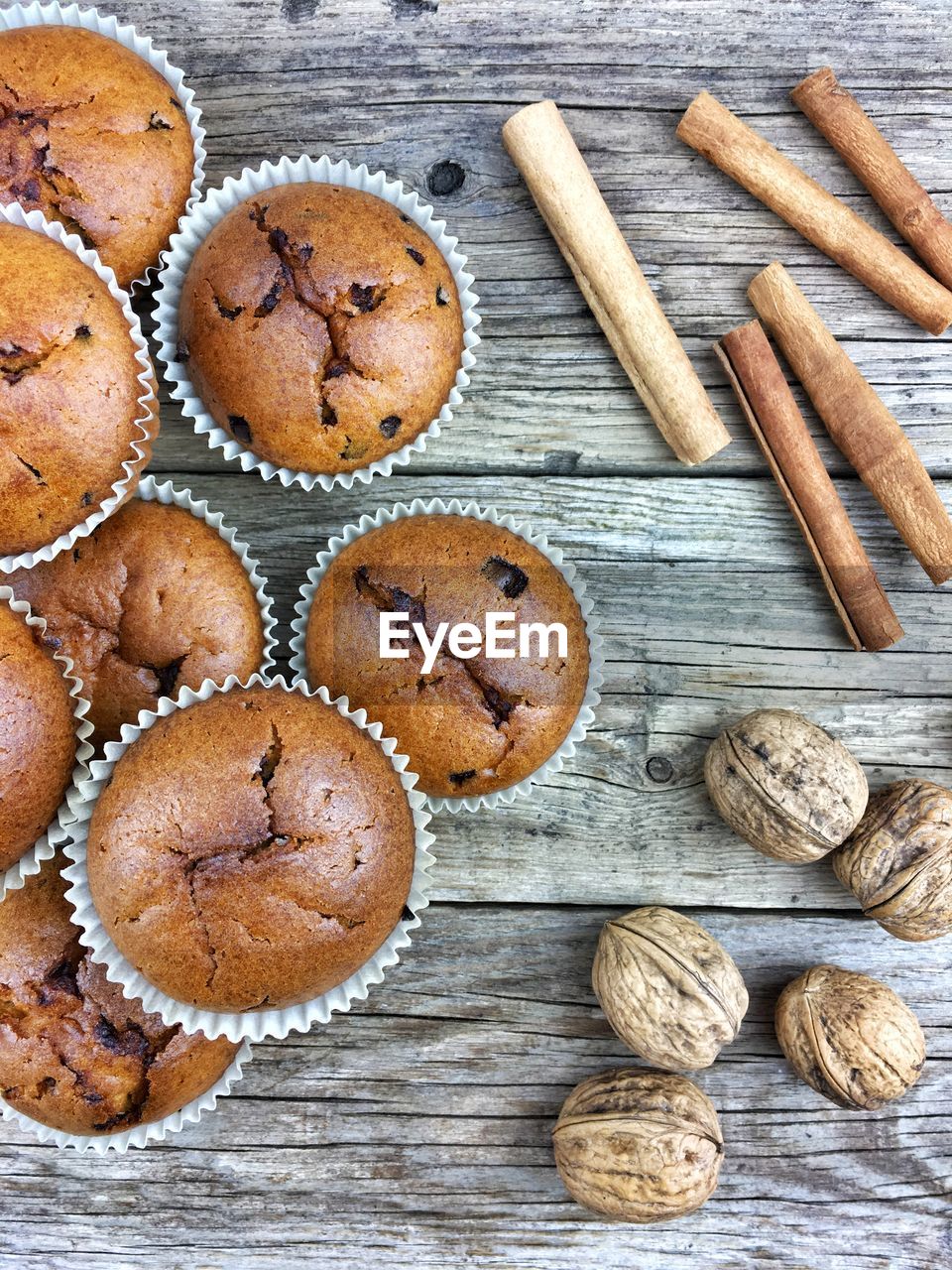 High angle view of chocolate cupcakes on table