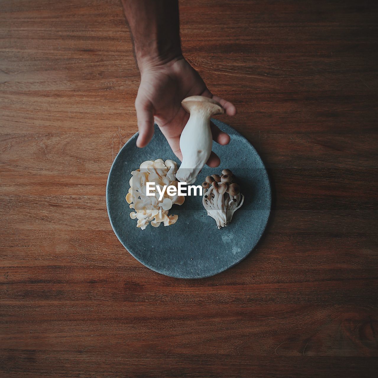 Cropped hand holding edible mushroom over plate