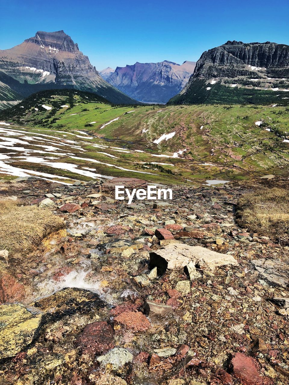 Scenic view of land and mountains against sky