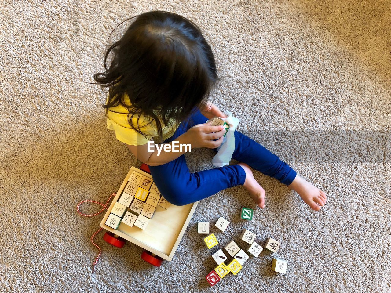 High angle view of girl playing with toy blocks on carpet at home