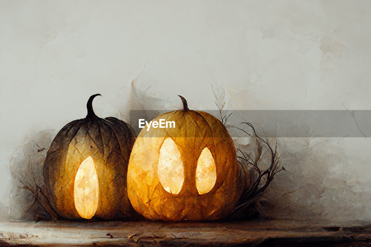 high angle view of pumpkins on table