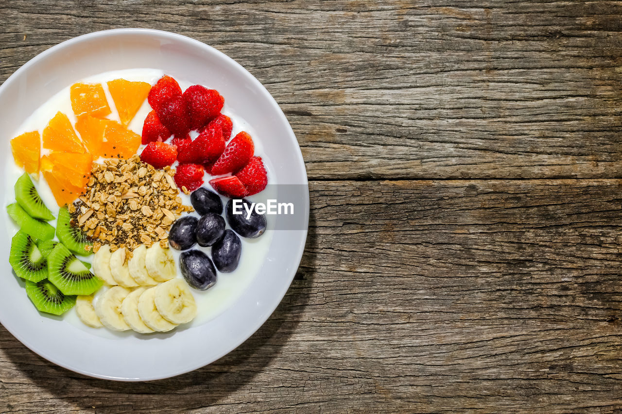 HIGH ANGLE VIEW OF BREAKFAST SERVED IN BOWL
