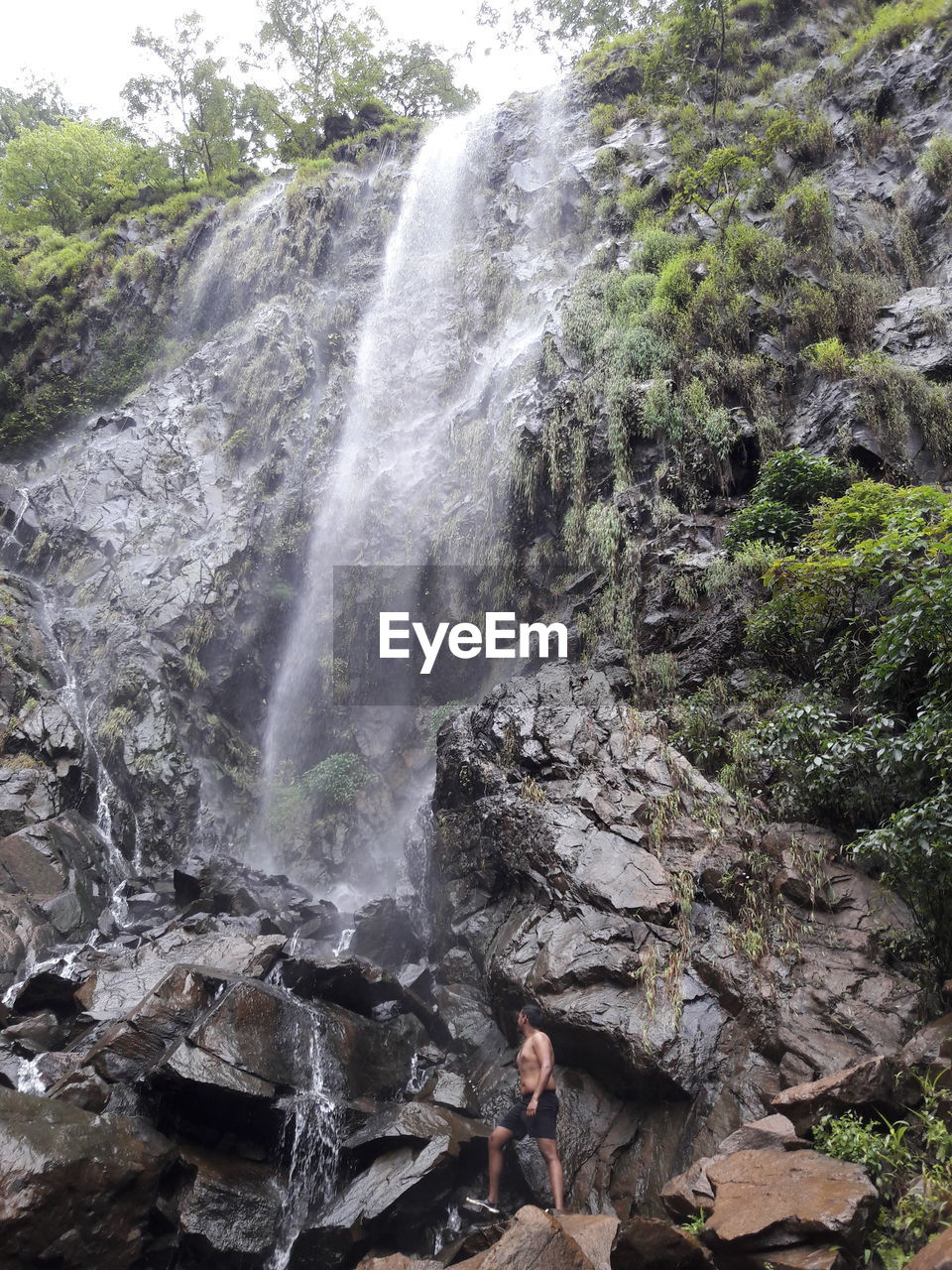 Man standing at waterfall in forest