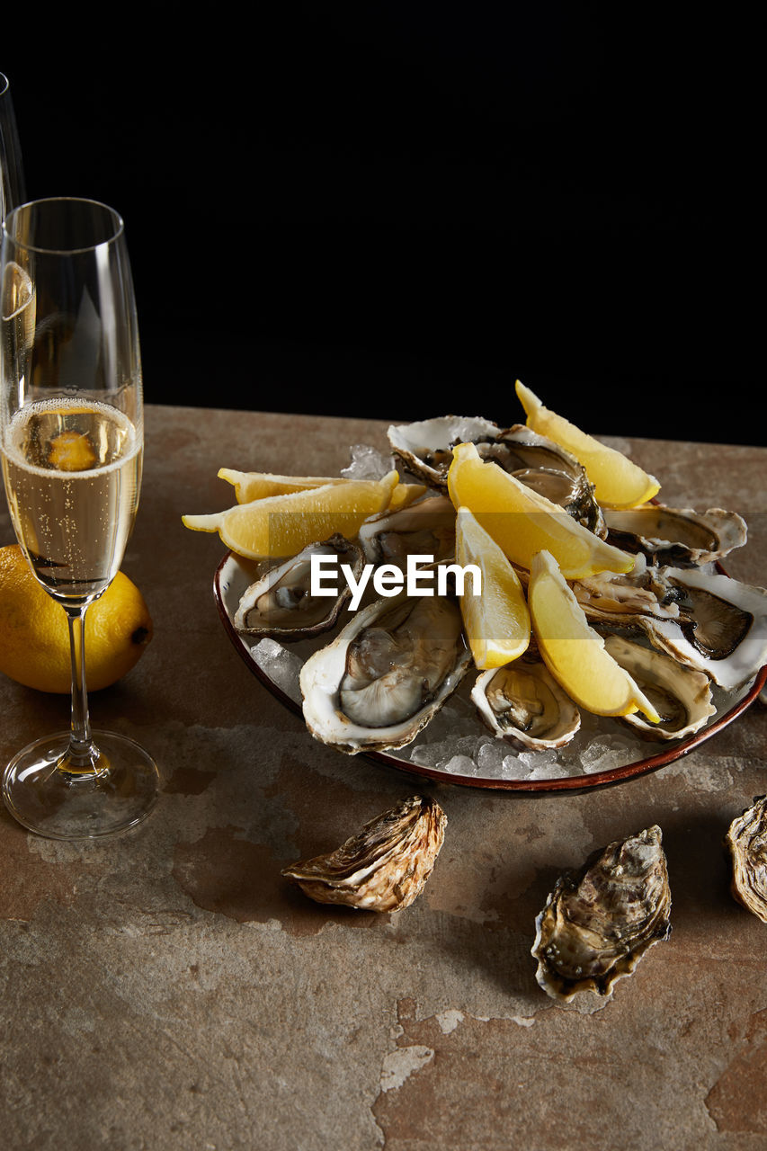 high angle view of seafood on table