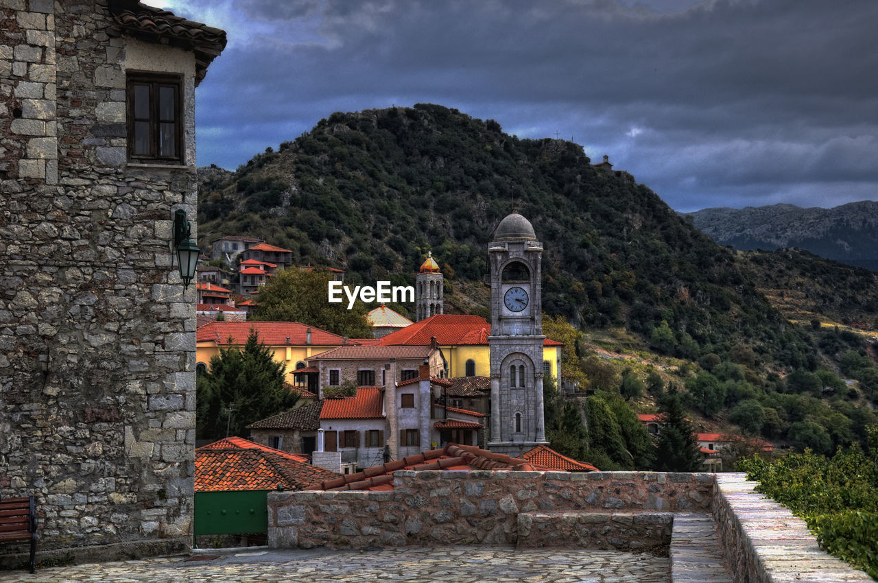 Historic church by mountains against sky