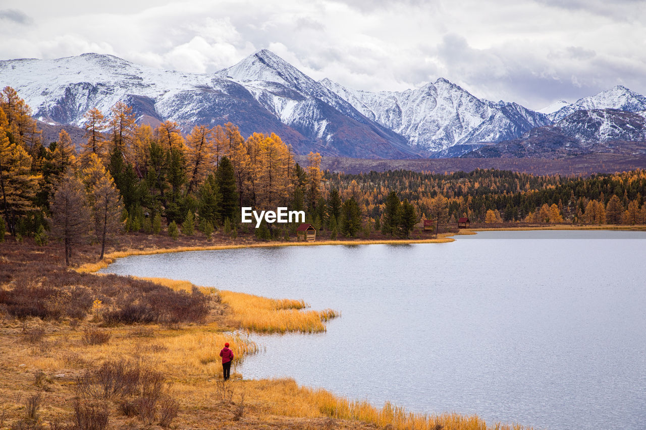 SCENIC VIEW OF LAKE AGAINST SNOWCAPPED MOUNTAINS