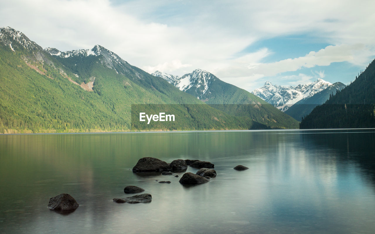 Scenic view of lake and mountains against sky