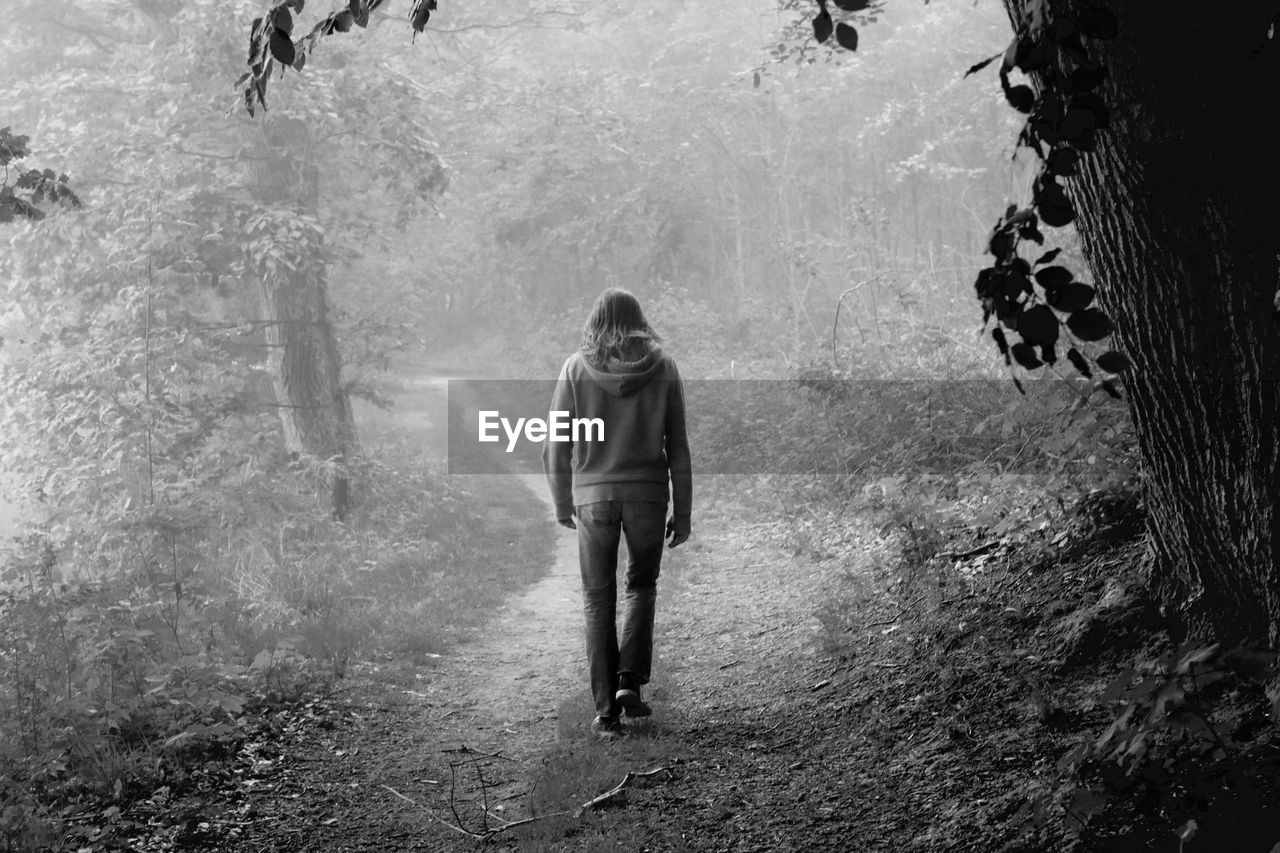 Rear view of woman walking on pathway in forest during foggy weather