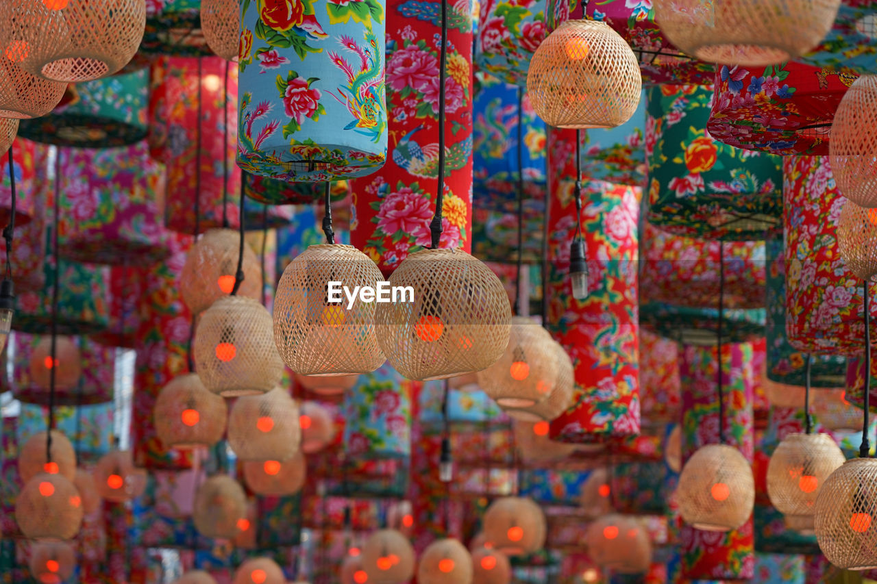 Low angle view of chinese lanterns hanging for sale in market