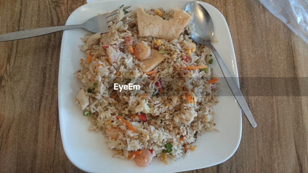 HIGH ANGLE VIEW OF FOOD SERVED IN PLATE