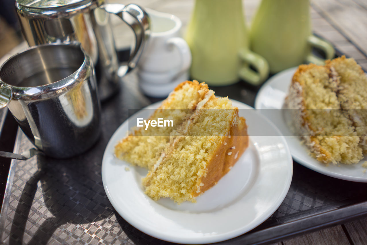 High angle view of breakfast served on table