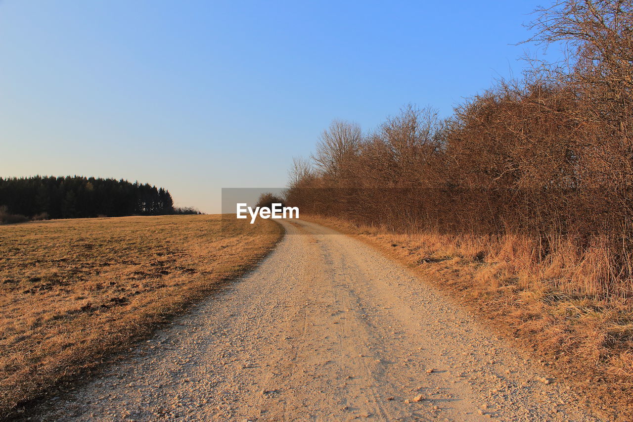 Dirt road amidst field against clear sky