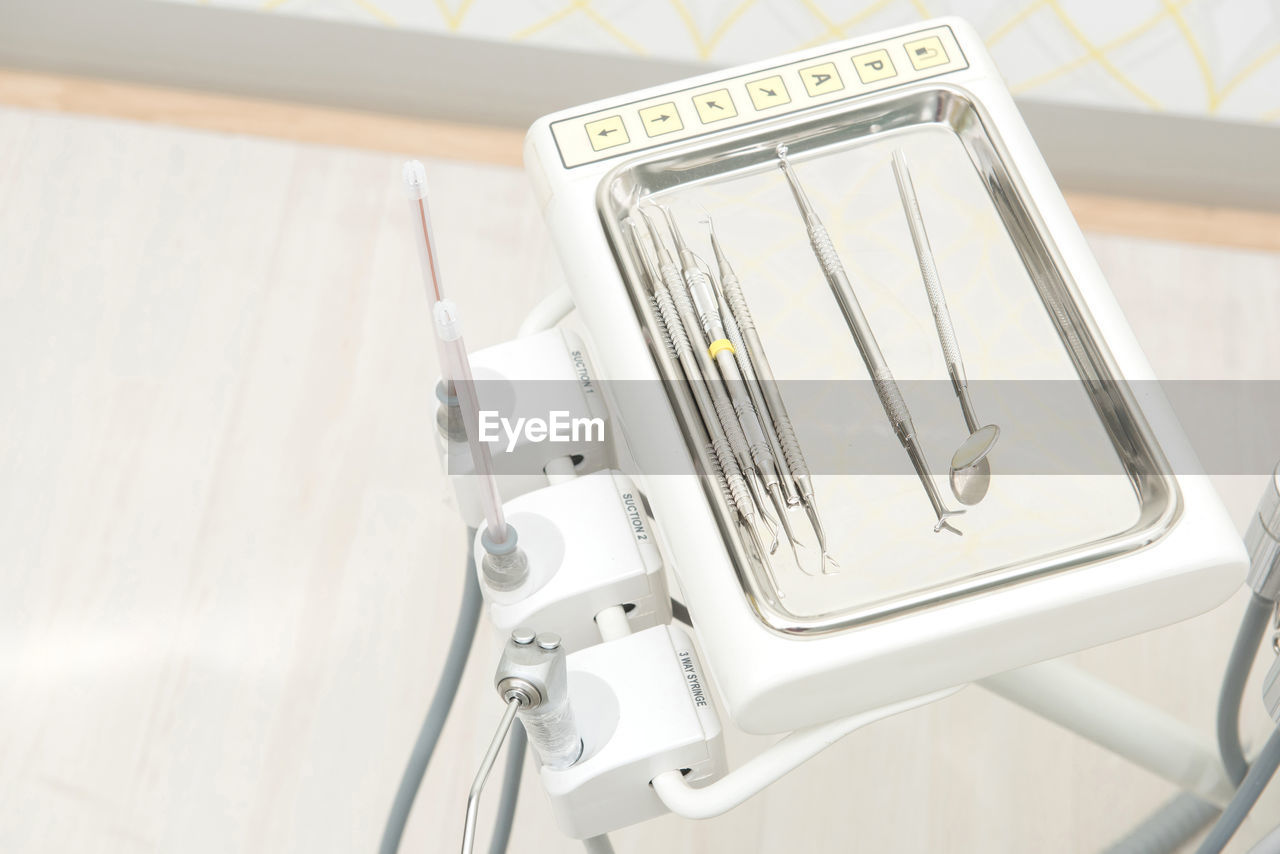 High angle view of dental equipment