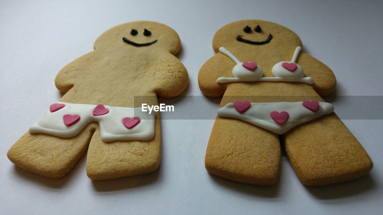 High angle view of gingerbread cookies on table