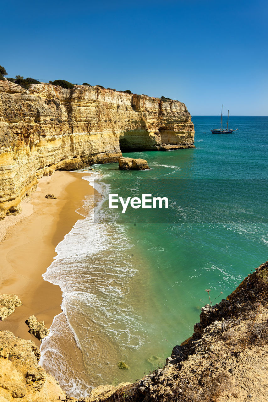 Scenic view of sea against clear blue sky